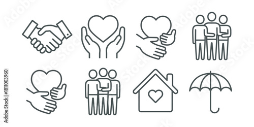 Outline icon set for care, partnership, and community: handshake, heart in hands, people, home and umbrella symbols. Vector
