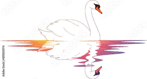 Elegant swan swimming on water reflecting a colorful sunset in a minimalist style