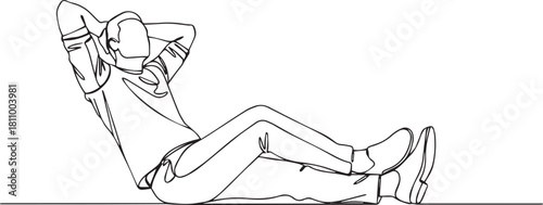 Continuous Line Drawing of Man Resting or Performing Sit-up Exercise Isolated on White
