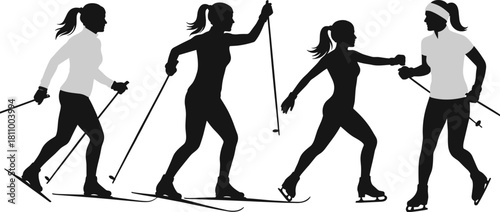 Four female silhouettes engaged in winter sports cross country skiing and ice skating