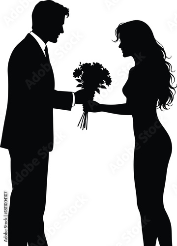 Man in suit presenting a bouquet of flowers to a woman silhouette vector