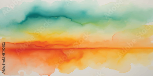 Abstract watercolor background with a beautiful, dramatic cloudscape at sunset, featuring vibrant orange, yellow, blue, and red light