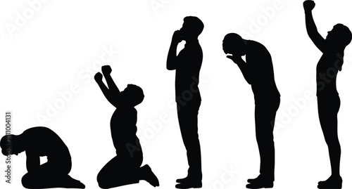 Set of male silhouettes showing emotions, depression, sorrow, praying, crying, regret, and celebrating victory, isolated on white background