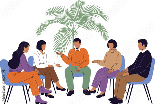 Diverse vector illustration of a small support group sitting in a circle, engaged in an open, honest discussion about mental health, counseling, psychological assistance, and community well-being in a