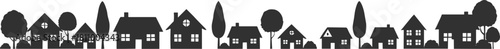 Silhouette row of diverse houses and trees against a white background home building