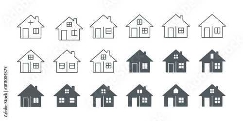 House home residential building vector icons set, various styles outline and solid black graphic symbols representing properties and real estate Vector