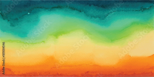 Abstract watercolor background painting of a beautiful sunrise and clouds reflecting light over the blue ocean water at the horizon