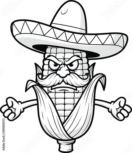 Tough cartoon corn on the cob character with an angry face a large mustache and a sombrero hat.