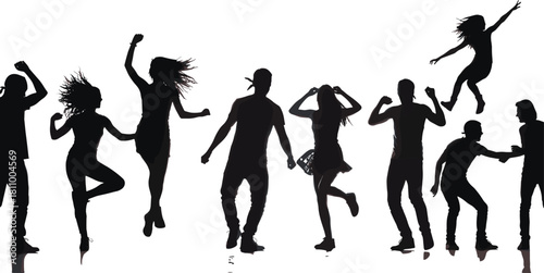 Silhouettes of diverse people dancing and celebrating in a group against a white background