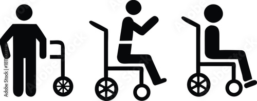 Three silhouette figures representing mobility assistance devices and accessibility needs