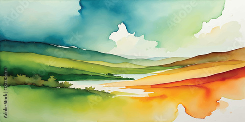 Beautiful landscape of a blue lake with mountains, clouds, and reflection at summer sunrise