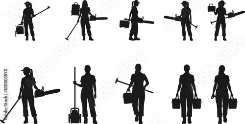 Silhouettes of women holding gardening and cleaning tools with toolboxes woman female