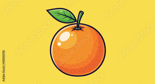 Vector illustration of fresh and vibrant orange fruit with a green leaf on a bright yellow background