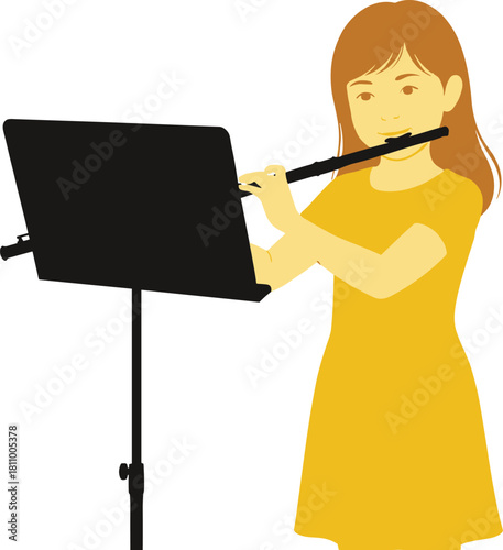 Young girl in yellow dress playing flute in front of music stand child