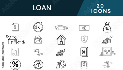 Loan thin line icons set. Credit rating, mortgage, interest rate editable stroke icon. Vector illustration