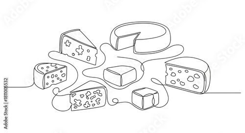 Vector illustration of continuous line drawing of various cheese types and pieces