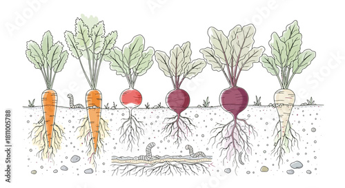 Vector illustration of root vegetables growing underground with leaves above