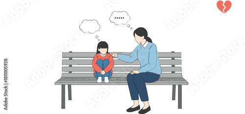 Simple vector illustration of a worried little girl being comforted by a mother or counselor on a bench, symbolizing family support, emotional distress, and mental health awareness and communication.