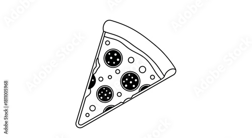 Vector illustration of a single slice of pepperoni pizza, line art illustration