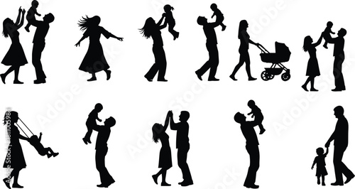Parent and child silhouette vector set showing family bonding, playtime, stroller walk, swing push, lifting moments, hand holding, caring gestures, black icons,  