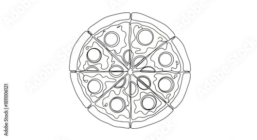 Vector illustration of line art drawing of a whole pizza cut into eight slices