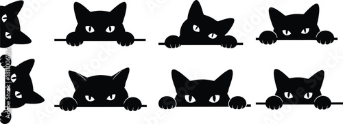 Black cat peeking over edge vector illustration set