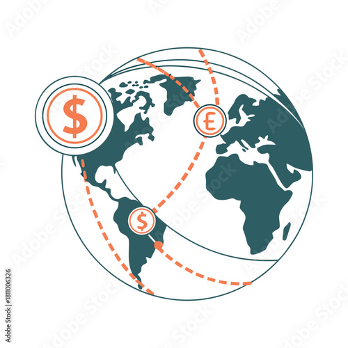 Global money transfers connecting different currencies and economies across continents