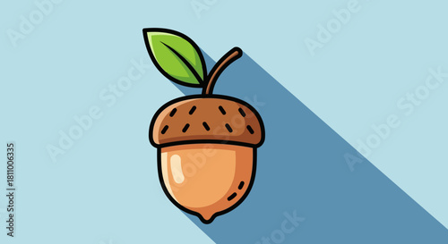 Vector illustration of cute cartoon acorn with a green leaf illustration on a light blue background