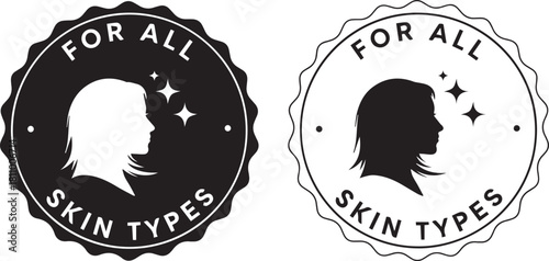 "For All Skin Types" cosmetic label or badge vector icon set for beauty products.