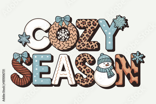 Cozy season text art with snowman and leopard print
