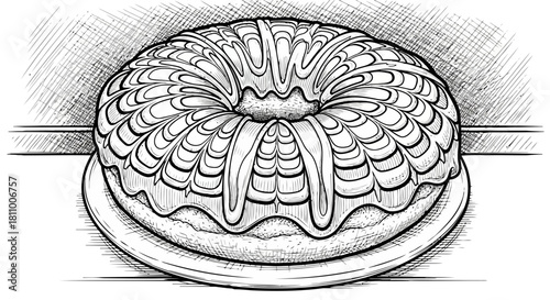 Vector illustration of hand drawn bundt cake with icing isolated on illustration
