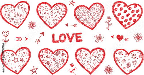 Naive Hand Drawn Crayon Hearts Sticker Set.