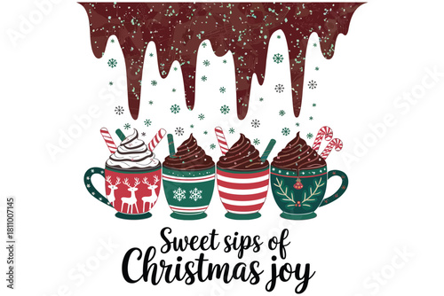 Festive christmas hot chocolate drinks with drizzling chocolate and joyful text