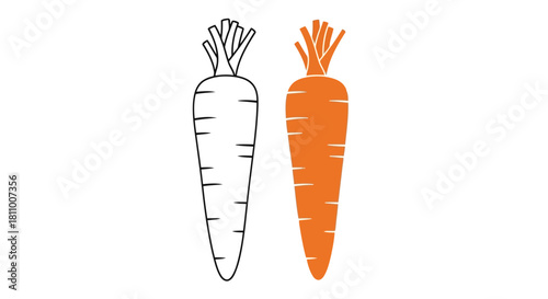 Vector illustration of two carrots, one in color and one in black and white isolated on