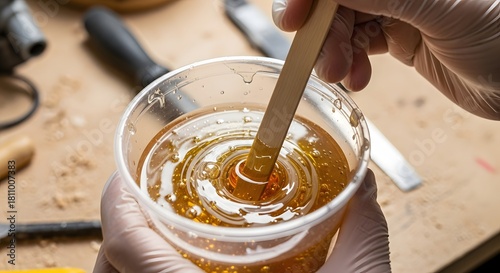Close-up of a person wearing gloves mixing amber-colored epoxy resin in a plastic cup with a wooden stick.