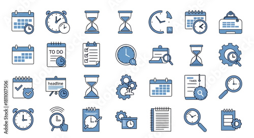 Modern flat design vector icon set for time management, business productivity, scheduling, and project planning, featuring clocks, calendars, and organizational tools