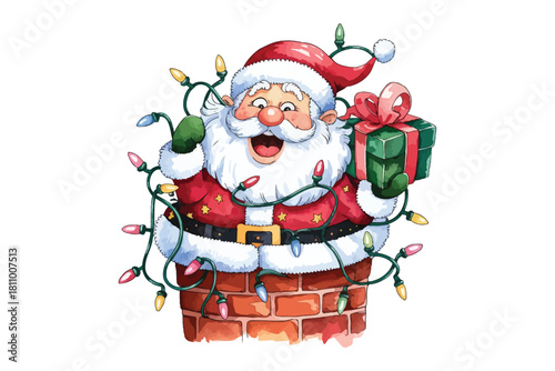 Santa claus stuck in chimney holding a gift surrounded by christmas lights