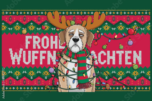 Sad dog wearing antlers and christmas lights with german greeting