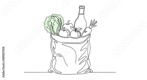 Vector illustration of continuous line drawing of a bag full of groceries isolated on