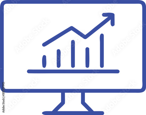 A monitor displaying a blue bar chart with an upward-pointing arrow.