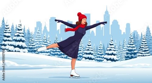 Ice Skating Girl in City Park Vector Illustration