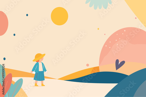 Abstract flat vector illustration of a small child standing outdoors under a dreamy pastel sky.