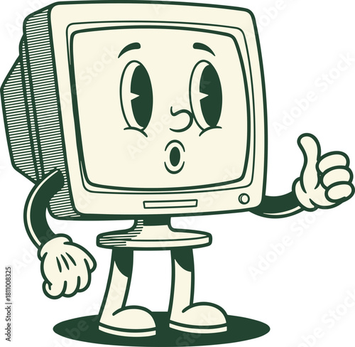 Vintage Style CRT Monitor Character Giving Positive Thumbs Up Gesture in Retro Cartoon Mascot Illustration for Old School Technology and Computing Concepts
