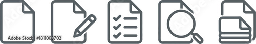Document management and task processing line icons set: blank, edit, checklist, search, and stacked files for various digital interface needs. Vector