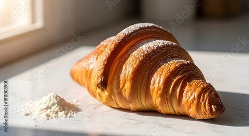 A golden brown croissant dusted with powdered sugar sits on a marble surface with a small pile of flour.
