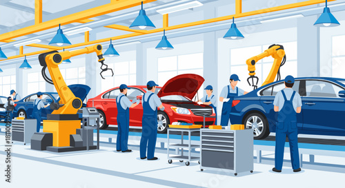 Automated car manufacturing process with robotic machinery and technicians on the vehicle production line inside a modern factory. 3D-like vector