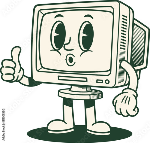 Retro Cartoon Computer Monitor Character Giving Thumbs Up Sign in Vintage 1930s Rubber Hose Style Mascot Illustration for Tech and Digital Design
