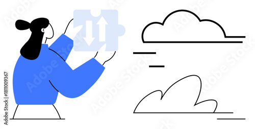 Woman holding blue puzzle piece with directional arrows near minimalist clouds. Ideal for teamwork, innovation, problem-solving, cloud computing, collaboration, strategy, and connectivity. A simple