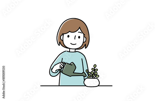 植物に水をあげる女性のイラスト