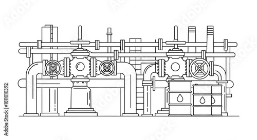 Detailed line drawing of industrial piping system with valves and gauges